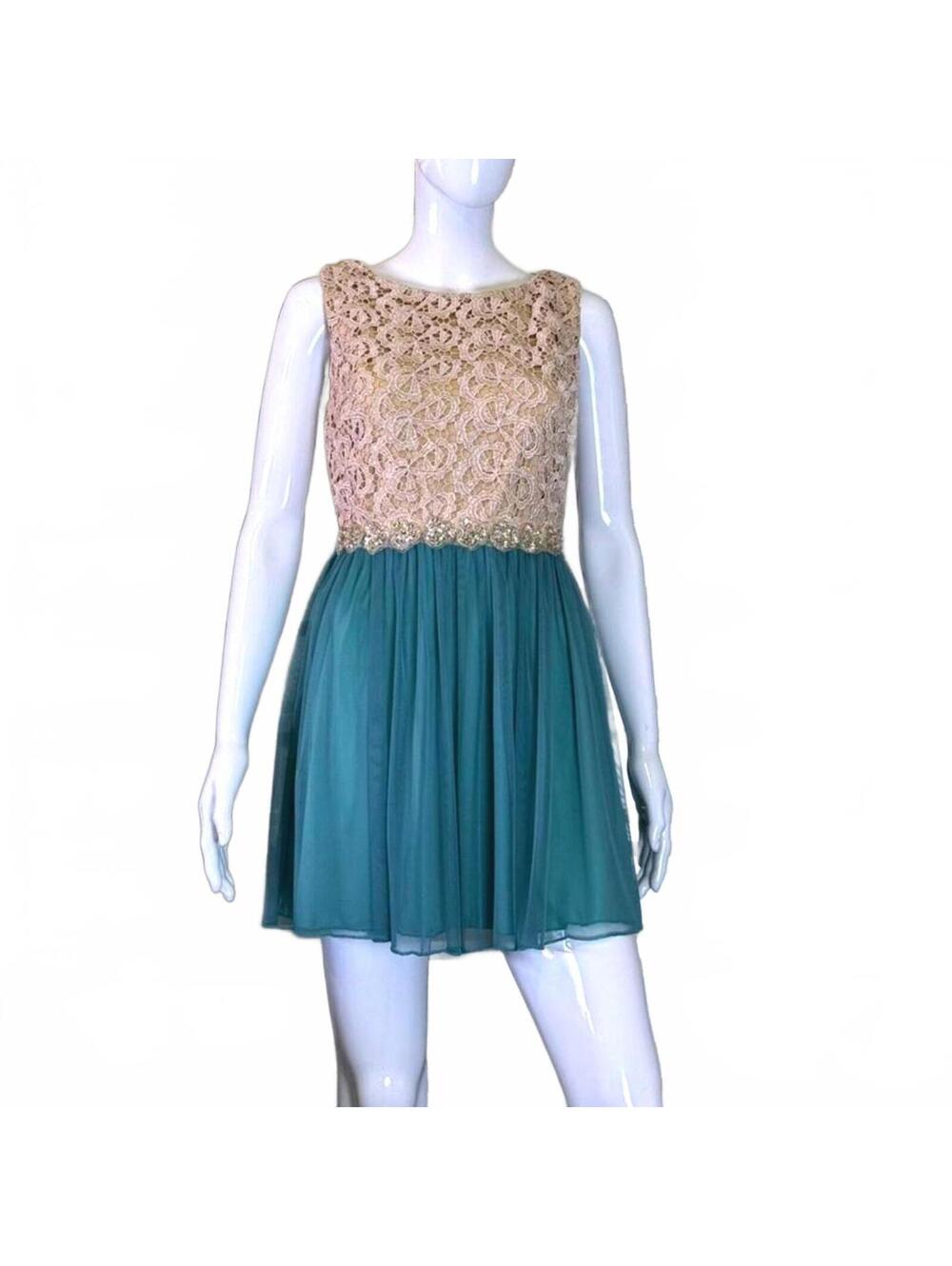 Deb Dress SZ 7 PROM SPRING FORMAL NUDE LACE TURQUOISE CHIFFON SHORT DRESS NWOT